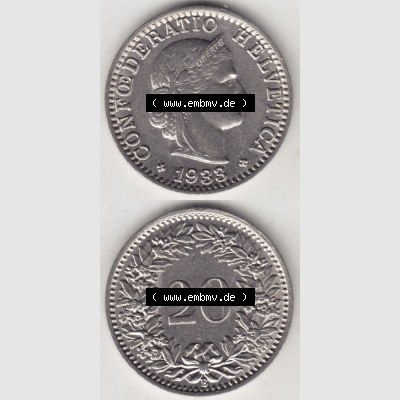 Münzen Schweiz 1881-1938, 20 Rappen Münzzeichen / Mzz. B 1933 III., Münzen Vollansicht Vertikal als Bildmaterial im online Katalog und online Datenbank für... Sammlung