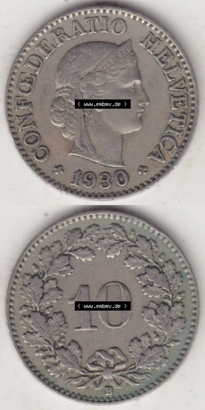 Münzen Schweiz 1919-1931, 10 Rappen B 1930 I., Münzen Vollansicht Vertikal als Bildmaterial für Mobile-Geräte Sammlung