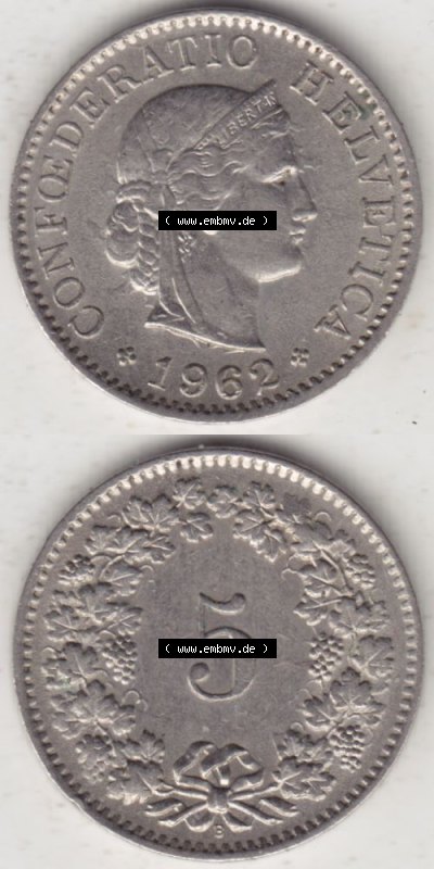 Münzen Schweiz 1940-1980, 5 Rappen Mzz. B 1962, Münzen Vollansicht Vertikal als Bildmaterial im online Katalog und online Datenbank... Sammlung