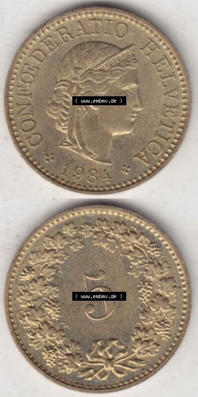 Münzen Schweiz 1979-Heute, 5 Rappen Mzz. B 1984, Münzen Vollansicht Vertikal als Bildmaterial im online Katalog und online Datenbank... Sammlung