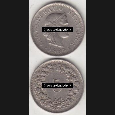Münzen Schweiz 1940-1980, 5 Rappen Mzz. B 1964 II., Münzen Vollansicht Vertikal als Bildmaterial im online Katalog und online Datenbank für Sammler von Schweizer... Sammlung