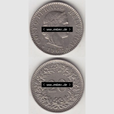 Münzen Schweiz 1939-2018, 20 Rappen Münzzeichen / Mzz. B 1962 I., Münzen Vollansicht Vertikal als Bildmaterial im online Katalog und online Datenbank für... Sammlung