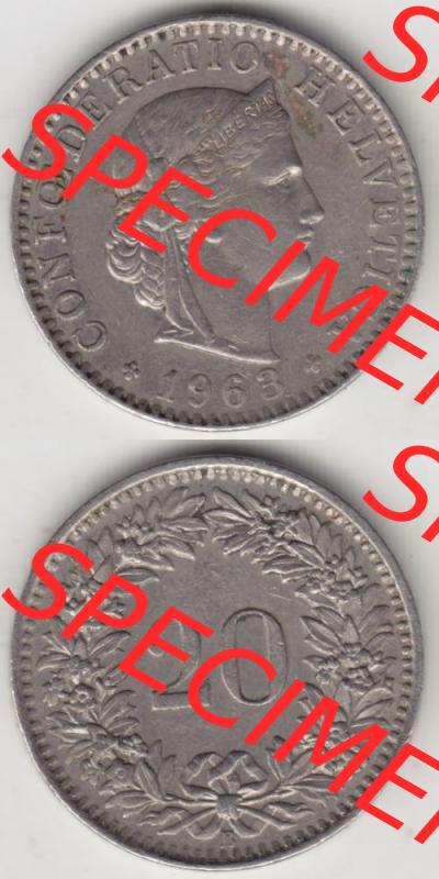 Münzen Schweiz 1939-2018, 20 Rappen Münzzeichen / Mzz. B 1963 II., Münzen Vollansicht Vertikal als Bildmaterial im online Katalog und online Datenbank für... Sammlung