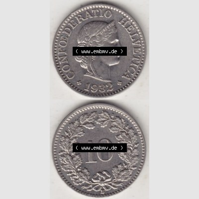 Münzen Schweiz 1932-1939, 10 Rappen B 1932 III., Münzen Vollansicht Vertikal als Bildmaterial für Mobile-Geräte Sammlung