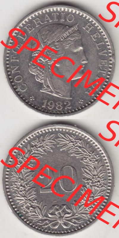 Münzen Schweiz 1939-2018, 20 Rappen Münzzeichen / Mzz. B 1982, Münzen Vollansicht Horizontal als Bildmaterial im online Katalog und online Datenbank für Sammler... Sammlung