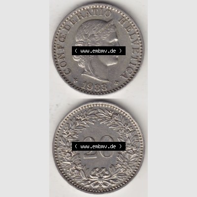 Münzen Schweiz 1881-1938, 20 Rappen Münzzeichen / Mzz. B 1933 II., Münzen Vollansicht Vertikal als Bildmaterial im online Katalog und online Datenbank für... Sammlung