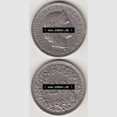 Münzen Schweiz 1939-Heute, 20 Rappen Münzzeichen / Mzz. B 1947 I., Münzen Vollansicht Vertikal als Bildmaterial im online Katalog und online Datenbank für... Sammlung