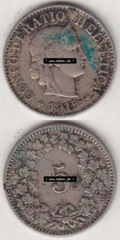 Münzen Schweiz 1879-1917, 5 Rappen Mzz. B 1915, Münzen Vollansicht Vertikal als Bildmaterial im online Katalog und online Datenbank... Sammlung