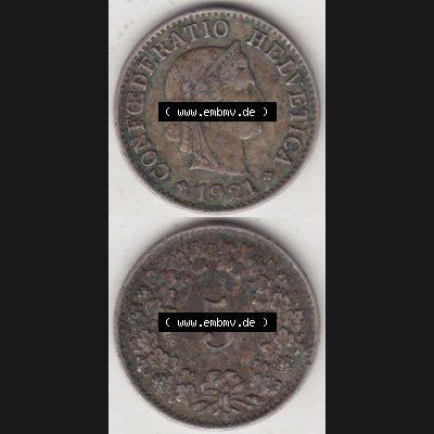 Münzen Schweiz 1919-1931, 5 Rappen Mzz. B 1921, Münzen Vollansicht Vertikal als Bildmaterial im online Katalog und online Datenbank für Sammler von Schweizer Münzen... Sammlung