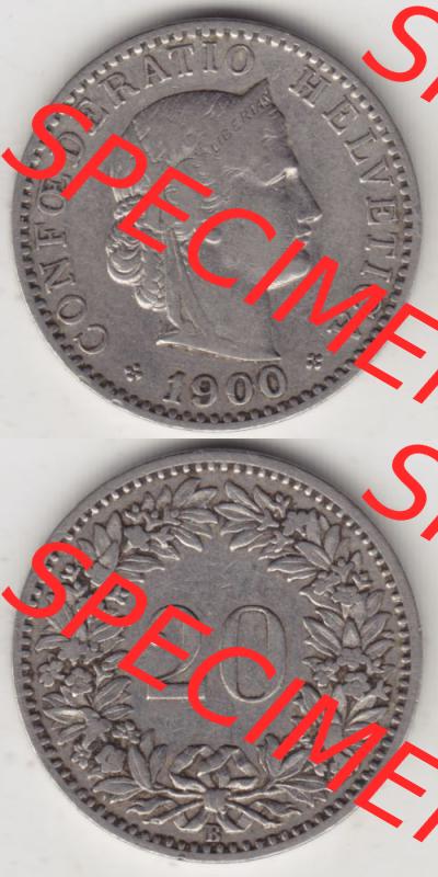 Münzen Schweiz 1881-1938, 20 Rappen Münzzeichen / Mzz. B 1900, Münzen Vollansicht Vertikal als Bildmaterial im online Katalog und online Datenbank für Sammler... Sammlung