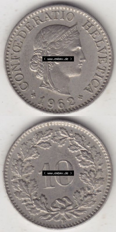 Münzen Schweiz 1940-2018, 10 Rappen B 1962 II., Münzen Vollansicht Vertikal als Bildmaterial für Mobile-Geräte Sammlung