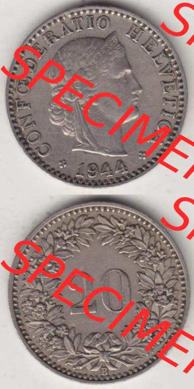 Münzen Schweiz 1939-Heute, 20 Rappen Münzzeichen / Mzz. B 1944 II., Münzen Vollansicht Horizontal als Bildmaterial im online Katalog und online Datenbank für... Sammlung