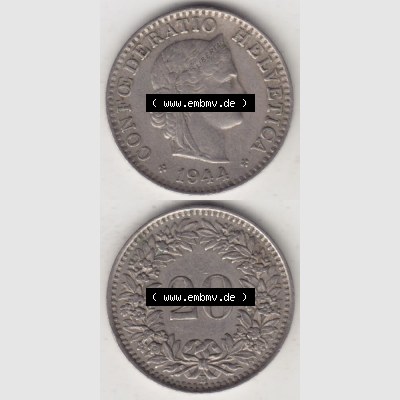 Münzen Schweiz 1939-Heute, 20 Rappen Münzzeichen / Mzz. B 1944 III., Münzen Vollansicht Horizontal als Bildmaterial im online Katalog und online Datenbank für... Sammlung