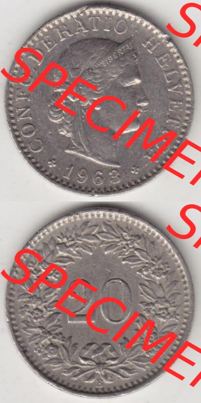 Münzen Schweiz 1939-2018, 20 Rappen Münzzeichen / Mzz. B 1963 I., Münzen Vollansicht Vertikal als Bildmaterial im online Katalog und online Datenbank für... Sammlung