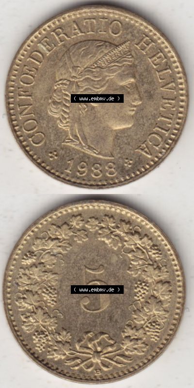 Münzen Schweiz 1979-Heute, 5 Rappen Mzz. B 1988, Münzen Vollansicht Vertikal als Bildmaterial im online Katalog und online Datenbank... Sammlung