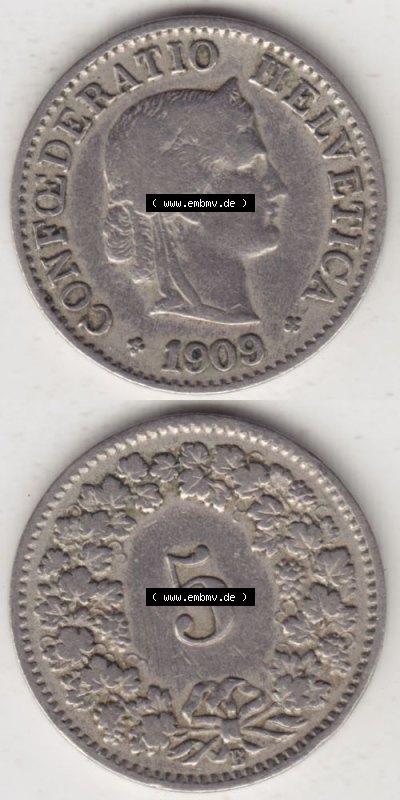 Münzen Schweiz 1879-1917, 5 Rappen Mzz. B 1909, Münzen Vollansicht Vertikal als Bildmaterial im online Katalog und online Datenbank... Sammlung