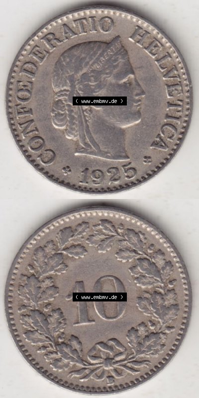 Münzen Schweiz 1919-1931, 10 Rappen B 1925 I., Münzen Vollansicht Vertikal als Bildmaterial für Mobile-Geräte Sammlung