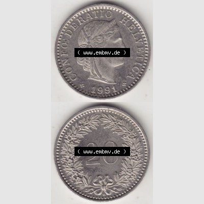 Münzen Schweiz 1939-2018, 20 Rappen Münzzeichen / Mzz. B 1991, Münzen Vollansicht Horizontal als Bildmaterial im online Katalog und online Datenbank für Sammler... Sammlung