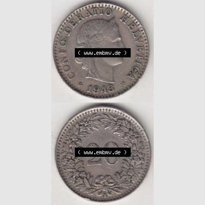 Münzen Schweiz 1939-2018, 20 Rappen Münzzeichen / Mzz. B 1943, Münzen Vollansicht Vertikal als Bildmaterial im online Katalog und online Datenbank für Sammler... Sammlung