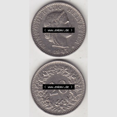 Münzen Schweiz 1939-Heute, 20 Rappen Münzzeichen / Mzz. B 1947 III., Münzen Vollansicht Vertikal als Bildmaterial im online Katalog und online Datenbank für... Sammlung