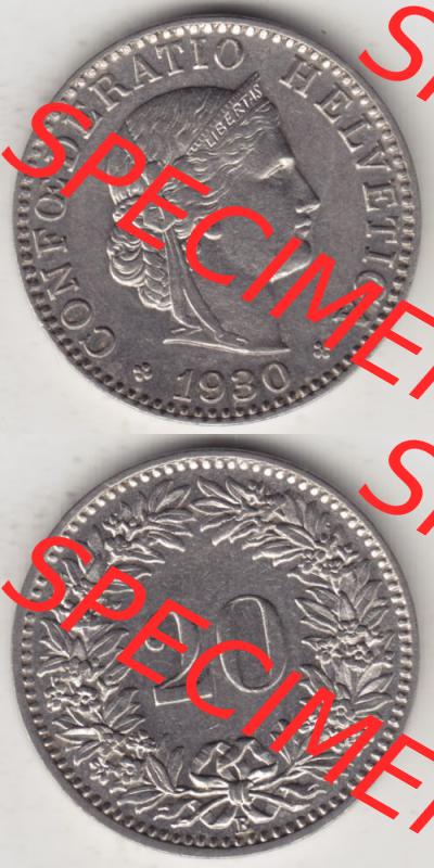 Münzen Schweiz 1881-1938, 20 Rappen Münzzeichen / Mzz. B 1930, Münzen Vollansicht Vertikal als Bildmaterial im online Katalog und online Datenbank für Sammler... Sammlung