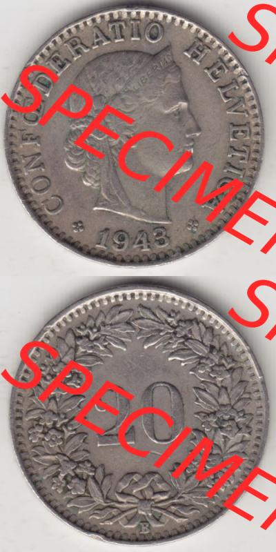 Münzen Schweiz 1939-2018, 20 Rappen Münzzeichen / Mzz. B 1943, Münzen Vollansicht Vertikal als Bildmaterial im online Katalog und online Datenbank für Sammler... Sammlung