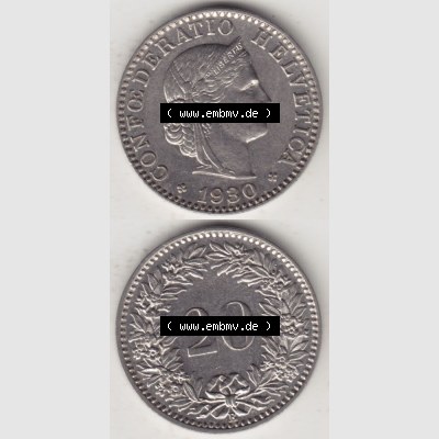 Münzen Schweiz 1881-1938, 20 Rappen Münzzeichen / Mzz. B 1930, Münzen Vollansicht Vertikal als Bildmaterial im online Katalog und online Datenbank für Sammler... Sammlung