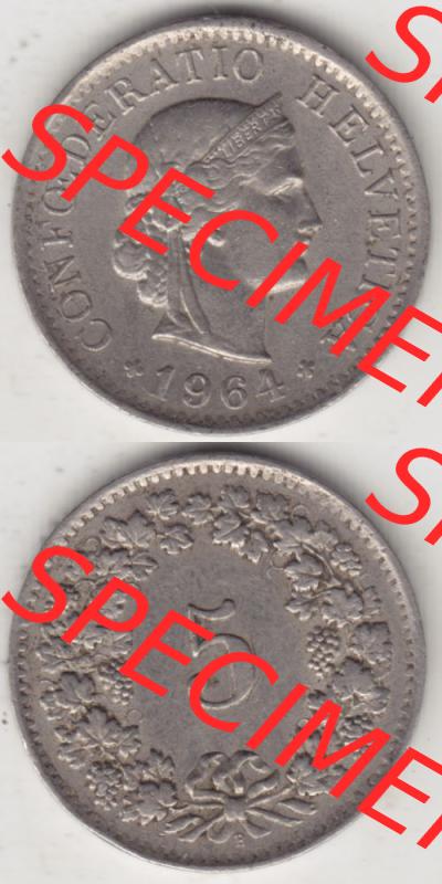 Münzen Schweiz 1940-1980, 5 Rappen Mzz. B 1964 II., Münzen Vollansicht Vertikal als Bildmaterial im online Katalog und online Datenbank für Sammler von Schweizer... Sammlung
