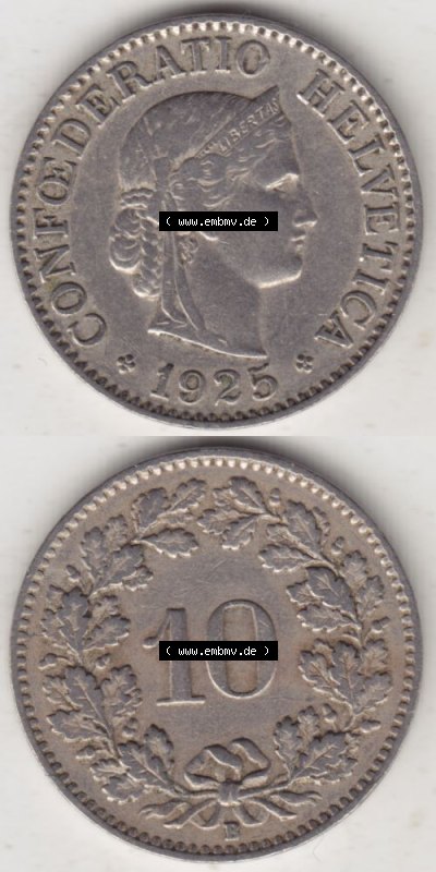 Münzen Schweiz 1919-1931, 10 Rappen B 1925 iII, Münzen Vollansicht Vertikal als Bildmaterial für Mobile-Geräte Sammlung