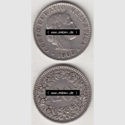 Münzen Schweiz 1881-1938, 20 Rappen Münzzeichen / Mzz. B 1909, Münzen Vollansicht Vertikal als Bildmaterial im online Katalog und online Datenbank für Sammler... Sammlung