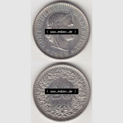 Münzen Schweiz 1939-2018, 20 Rappen Münzzeichen / Mzz. B 1965, Münzen Vollansicht Vertikal als Bildmaterial im online Katalog und online Datenbank für Sammler... Sammlung