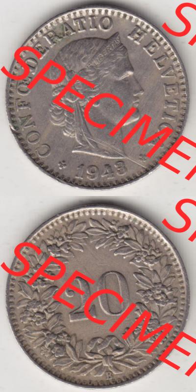Münzen Schweiz 1939-Heute, 20 Rappen Münzzeichen / Mzz. B 1943 I., Münzen Vollansicht Horizontal als Bildmaterial im online Katalog und online Datenbank für... Sammlung