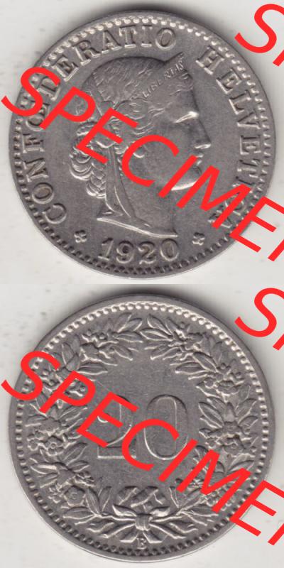 Münzen Schweiz 1881-1938, 20 Rappen Münzzeichen / Mzz. B 1920 I., Münzen Vollansicht Vertikal als Bildmaterial im online Katalog und online Datenbank für... Sammlung