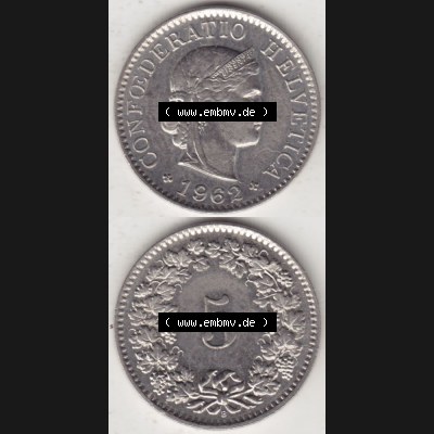 Münzen Schweiz 1940-1980, 5 Rappen Mzz. B 1962, Münzen Vollansicht Vertikal als Bildmaterial im online Katalog und online Datenbank für Sammler von Schweizer Münzen... Sammlung