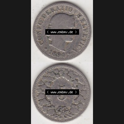 Münzen Schweiz 1879-1917, 5 Rappen Mzz. B 1894, Münzen Vollansicht Vertikal als Bildmaterial im online Katalog und online Datenbank für Sammler von Schweizer Münzen... Sammlung