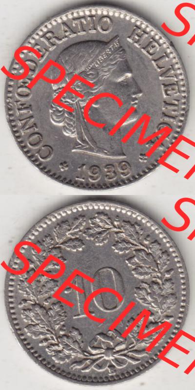 Münzen Schweiz 1932-1939, 10 Rappen B 1939 II., Münzen Vollansicht Vertikal als Bildmaterial für Mobile-Geräte Sammlung