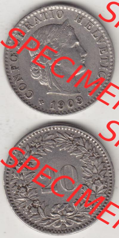 Münzen Schweiz 1881-1938, 20 Rappen Münzzeichen / Mzz. B 1909, Münzen Vollansicht Vertikal als Bildmaterial im online Katalog und online Datenbank für Sammler... Sammlung