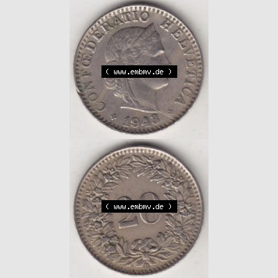 Münzen Schweiz 1939-Heute, 20 Rappen Münzzeichen / Mzz. B 1943 I., Münzen Vollansicht Horizontal als Bildmaterial im online Katalog und online Datenbank für... Sammlung