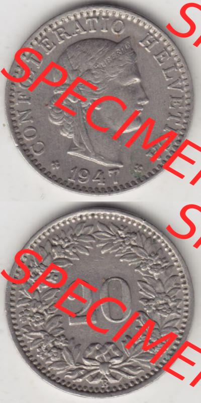 Münzen Schweiz 1939-2018, 20 Rappen Münzzeichen / Mzz. B 1947, Münzen Vollansicht Vertikal als Bildmaterial im online Katalog und online Datenbank für Sammler... Sammlung