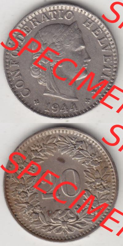 Münzen Schweiz 1939-Heute, 20 Rappen Münzzeichen / Mzz. B 1944 IV., Münzen Vollansicht Vertikal als Bildmaterial im online Katalog und online Datenbank für... Sammlung