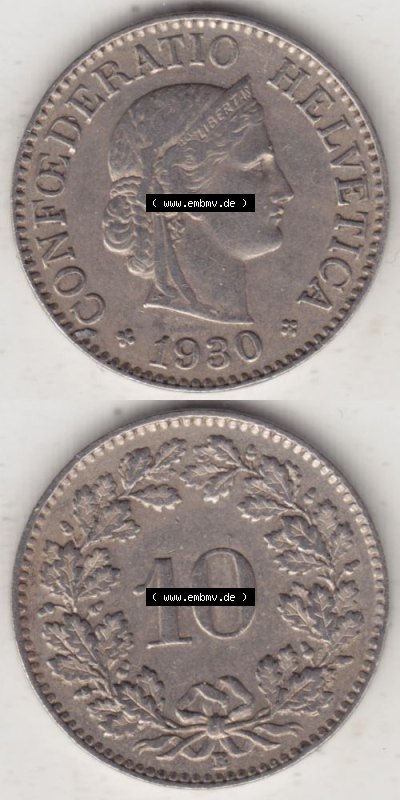 Münzen Schweiz 1919-1931, 10 Rappen B 1930 II., Münzen Vollansicht Vertikal als Bildmaterial für Mobile-Geräte Sammlung