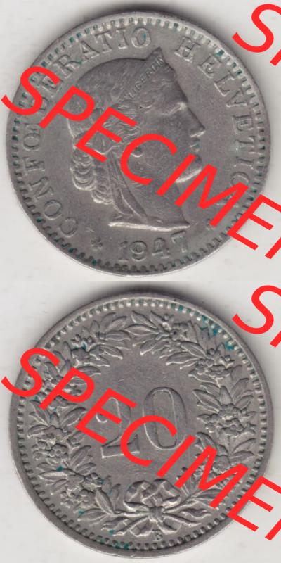 Münzen Schweiz 1939-Heute, 20 Rappen Münzzeichen / Mzz. B 1947 II, Münzen Vollansicht Vertikal als Bildmaterial im online Katalog und online Datenbank für Sammler... Sammlung