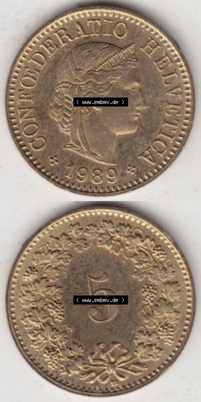 Münzen Schweiz 1979-Heute, 5 Rappen Mzz. B 1989, Münzen Vollansicht Vertikal als Bildmaterial im online Katalog und online Datenbank... Sammlung