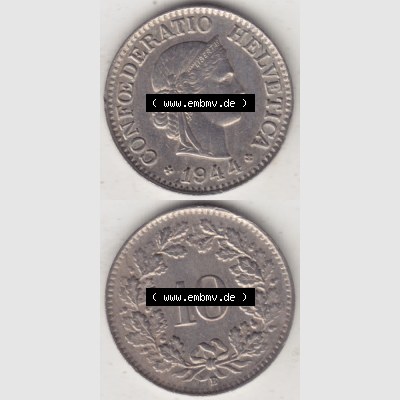 Münzen Schweiz 1940-Heute, 10 Rappen B 1944 II., Münzen Vollansicht Vertikal als Bildmaterial für Mobile-Geräte Sammlung