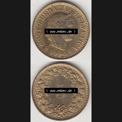 Münzen Schweiz 1979-Heute, 5 Rappen Mzz. B 1990, Münzen Vollansicht Vertikal als Bildmaterial im online Katalog und online Datenbank für Sammler von Schweizer Münzen... Sammlung