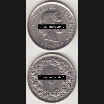 Münzen Schweiz 1940-1980, 5 Rappen Mzz. B 1964 I., Münzen Vollansicht Vertikal als Bildmaterial im online Katalog und online Datenbank für Sammler von Schweizer... Sammlung
