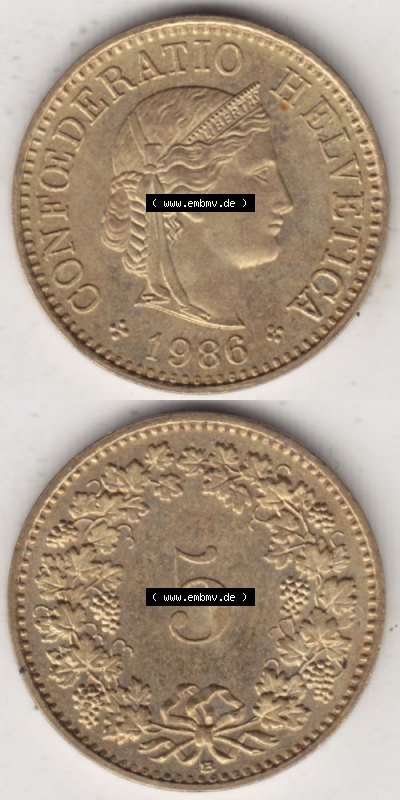 Münzen Schweiz 1979-Heute, 5 Rappen Mzz. B 1986 II., Münzen Vollansicht Vertikal als Bildmaterial im online Katalog und online... Sammlung