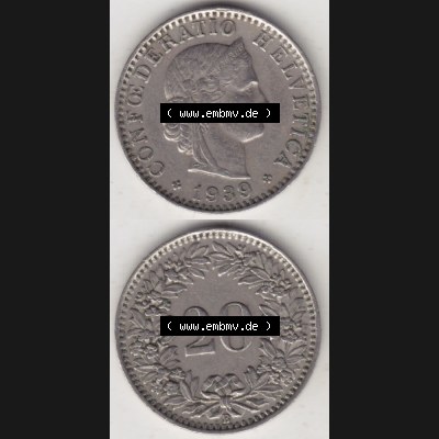 Münzen Schweiz 1939-Heute, 20 Rappen Münzzeichen / Mzz. B 1939, Münzen Vollansicht Horizontal als Bildmaterial im online Katalog und online Datenbank für Sammler... Sammlung