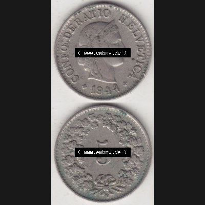 Münzen Schweiz 1940-1980, 5 Rappen Mzz. B 1944, Münzen Vollansicht Vertikal als Bildmaterial im online Katalog und online Datenbank für Sammler von Schweizer Münzen... Sammlung