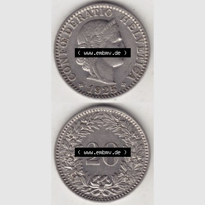 Münzen Schweiz 1881-1938, 20 Rappen Münzzeichen / Mzz. B 1925, Münzen Vollansicht Vertikal als Bildmaterial im online Katalog und online Datenbank für Sammler... Sammlung